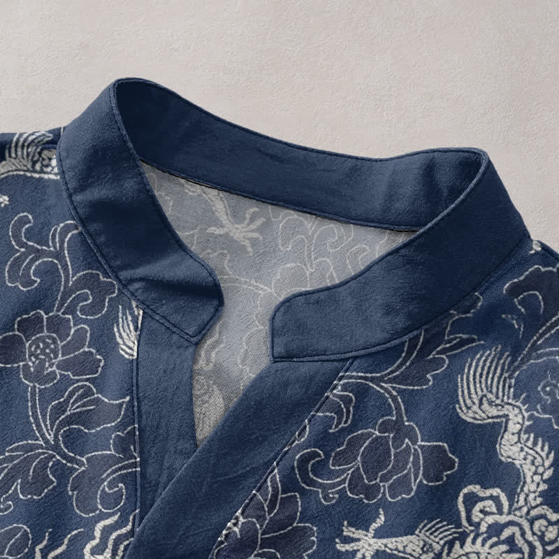 Buddha Stones Cotton Dragon Lotus Pattern Men's Short Sleeve Half Button Shirt