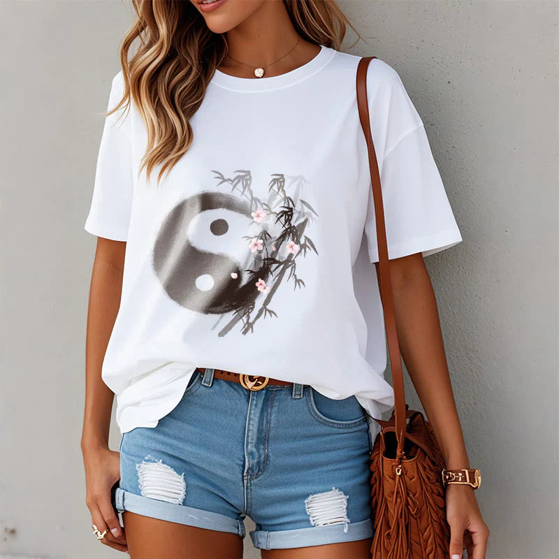 Buddha Stones Yin Yang Bamboo Cherry Blossom Pattern Tee T-shirt