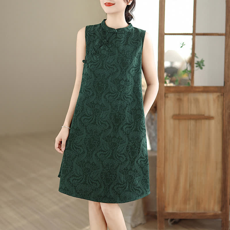 Buddha Stones Mandarin Collar Frog-button Jacquard Pattern Sleeveless Cotton Mini Dress With Pockets