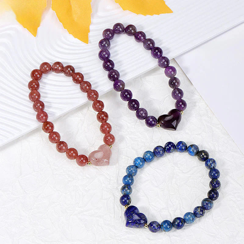 Buddha Stones Natural Amethyst Green Aventurine Tiger Eye Strawberry Quartz Love Heart Spiritual Bracelet