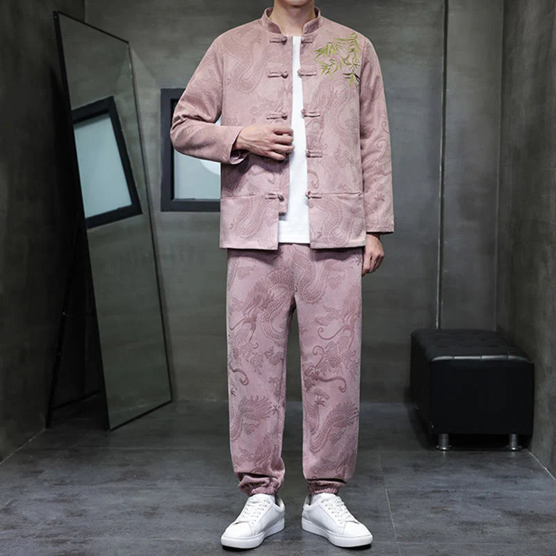 Buddha Stones 2Pcs Spring Dragon Bamboo Clouds Men's Tang Suit Frog-Button Cotton Long Sleeve Jacket Pants Set With Pockets