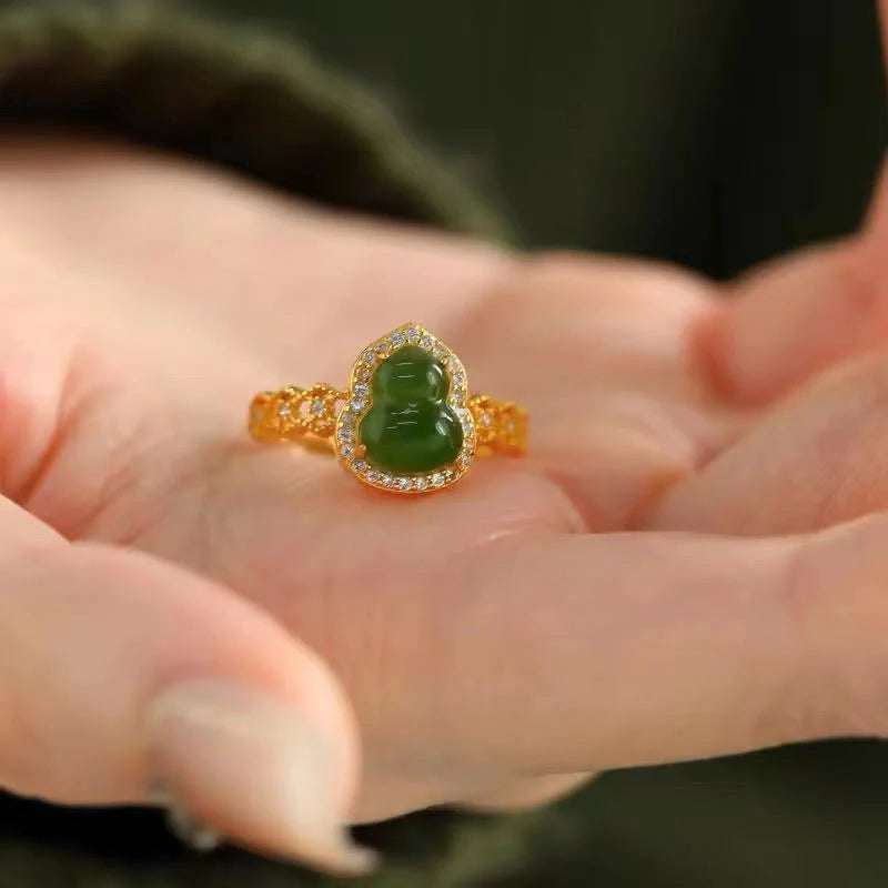 Buddha Stones Vintage Gourd Green Chalcedony Copper Plated Gold Adjustable Wealth Ring