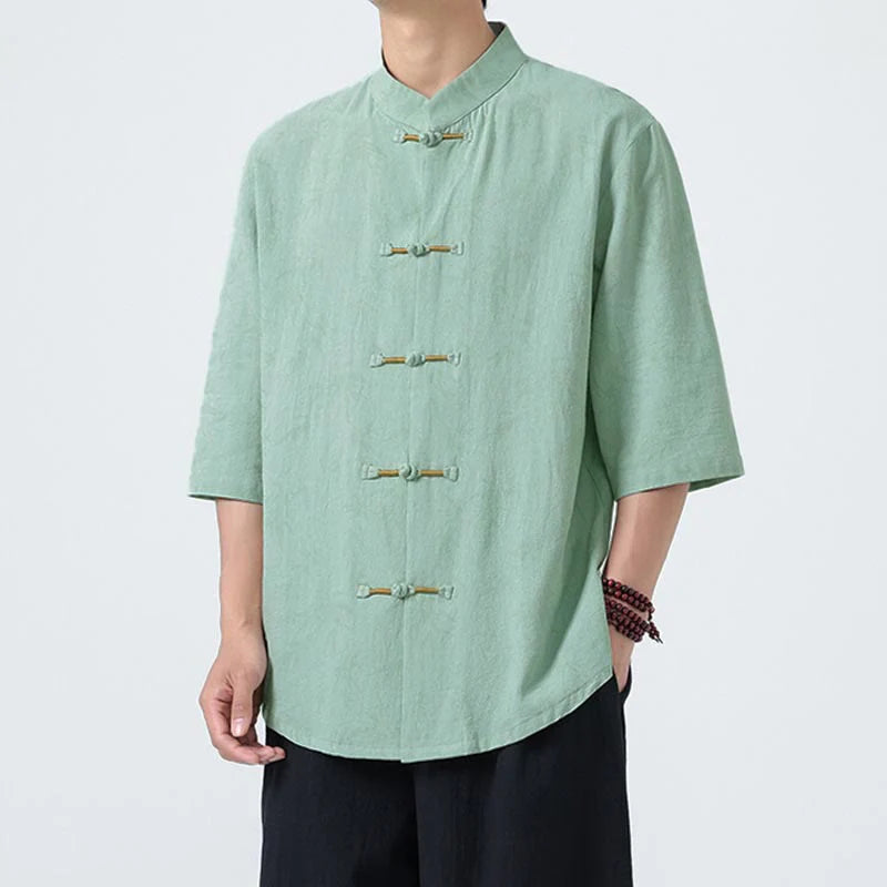 Buddha Stones Summer Bamboo Leaves Pattern Chinese Frog-Button Cotton Linen Short Sleeve Men's Shirt