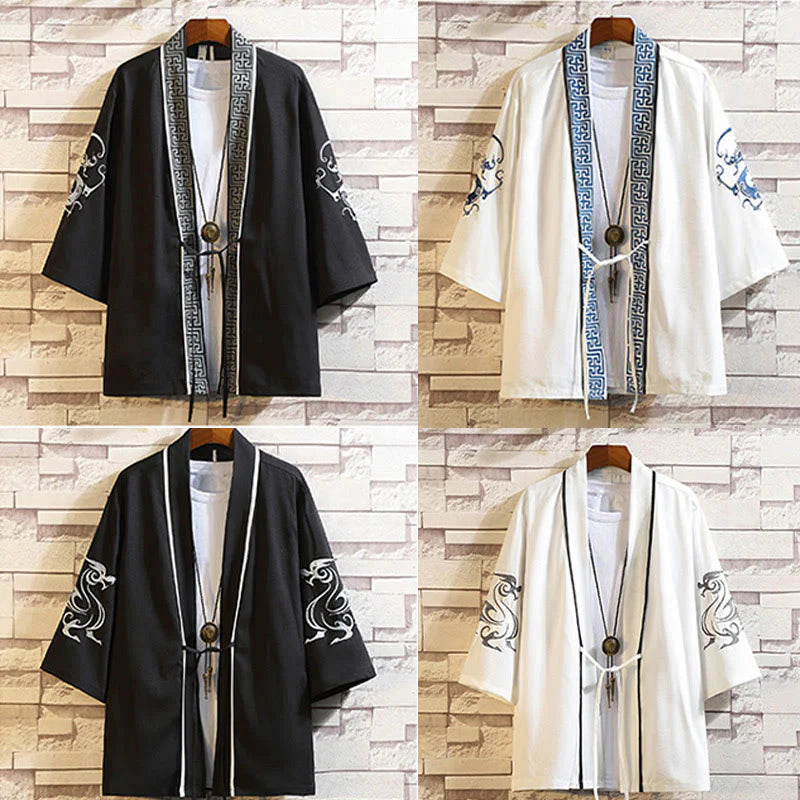 Buddha Stones Embroidery Dragon Phoenix Auspicious Cloud Waves Leaves Cranes Open Front Jacket Men's Kimono