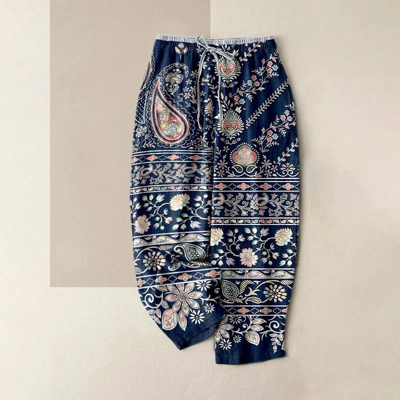 Buddha Stones Pure Cotton Paisley Lotus Pattern Women's Elastic Waist Pants With Pockets