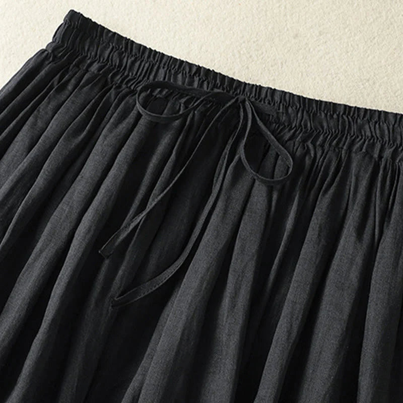 Buddha Stones Summer Plain Drawstring Lace Patchwork Design Women's Cotton Linen 7-8 Length Skirt