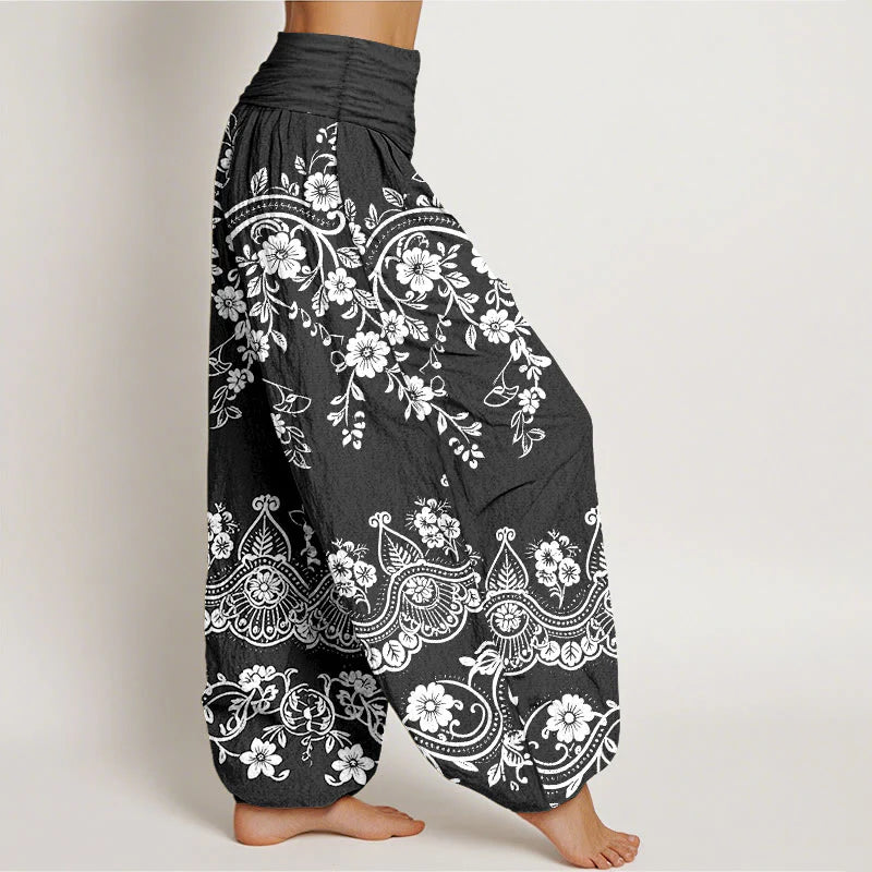 Buddha Stones Cotton Traditional Flower Vine Leaf Pattern Women's Elastic Waist Harem Pants