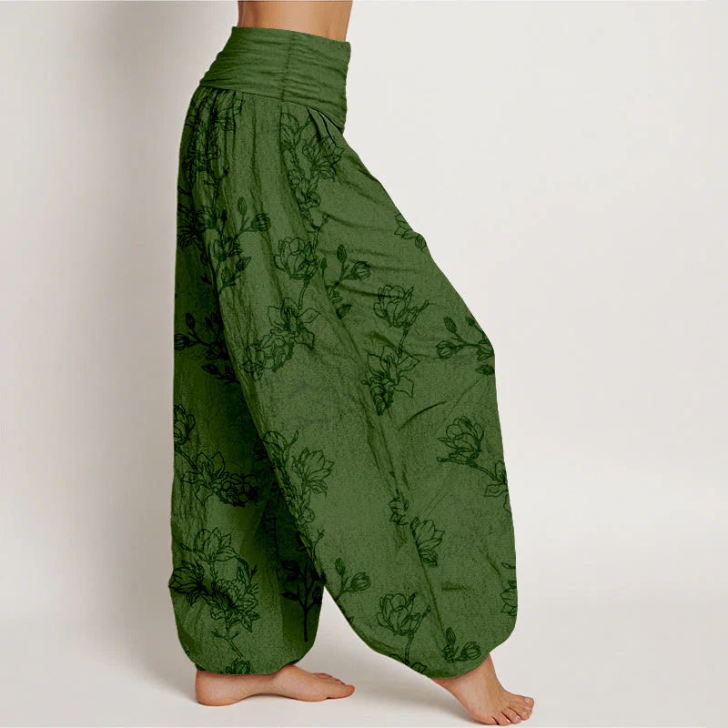 Buddha Stones Cotton Simple Flower Bud Pattern Women's Elastic Waist Harem Pants