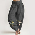 Buddha Stones Crane Auspicious Clouds Flower Pattern Pure Cotton Women's Elastic Waist Harem Pants