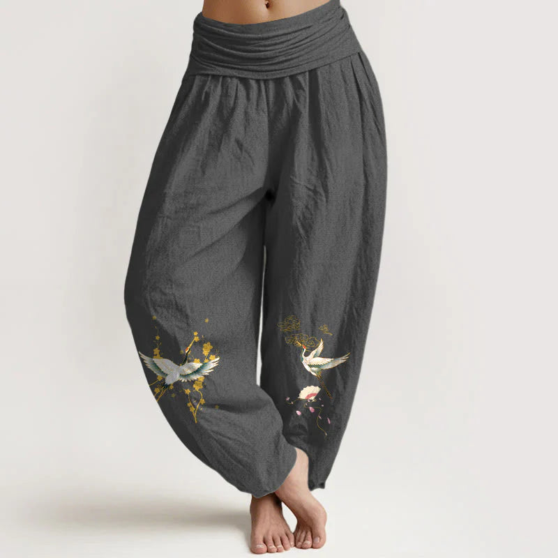 Buddha Stones Crane Auspicious Clouds Flower Pattern Pure Cotton Women's Elastic Waist Harem Pants