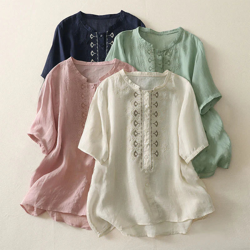 Buddha Stones Summer Floral Pattern Crew Neck Short Sleeve Women's Polyester Shirt