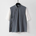 Buddha Stones Summer 2 In 1 Stripes Stand Collar Short Sleeve Frog-Button Men's Cotton Shirt