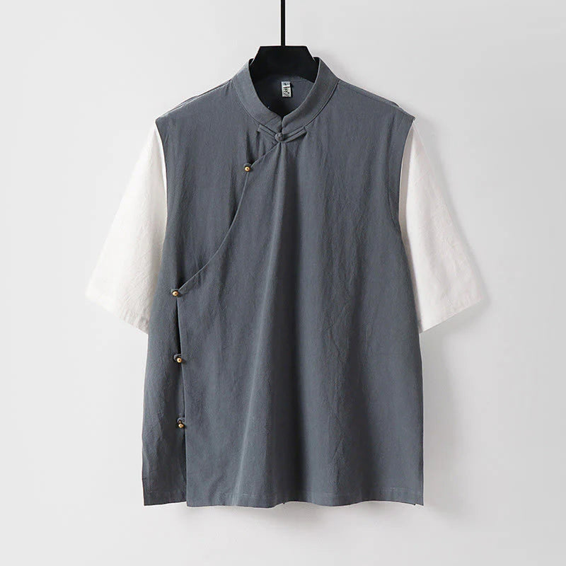 Buddha Stones Summer 2 In 1 Stripes Stand Collar Short Sleeve Frog-Button Men's Cotton Shirt