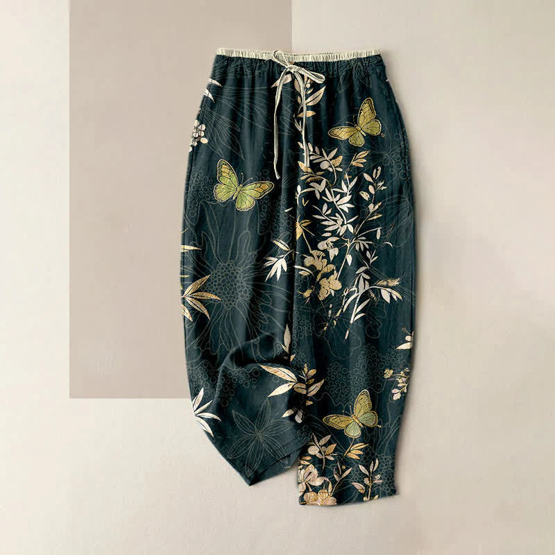 Buddha Stones Pure Cotton Butterfly leaves Flowers Pattern Drawstring Colorful Women's Pants With Pockets