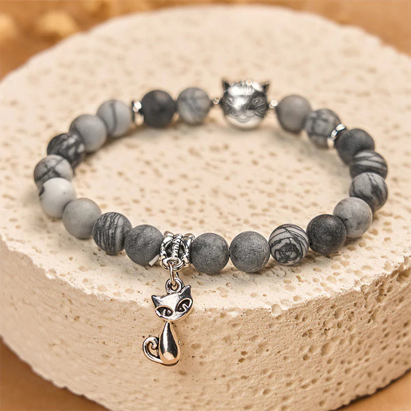 Buddha Stones Wishing Love and Safety for Your Cat Grey Tabby Bracelet Includes Gift Message Card
