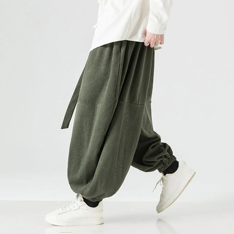 Buddha Stones Winter Solid Color Men's Harem Pure Cotton Corduroy Pants With Pockets