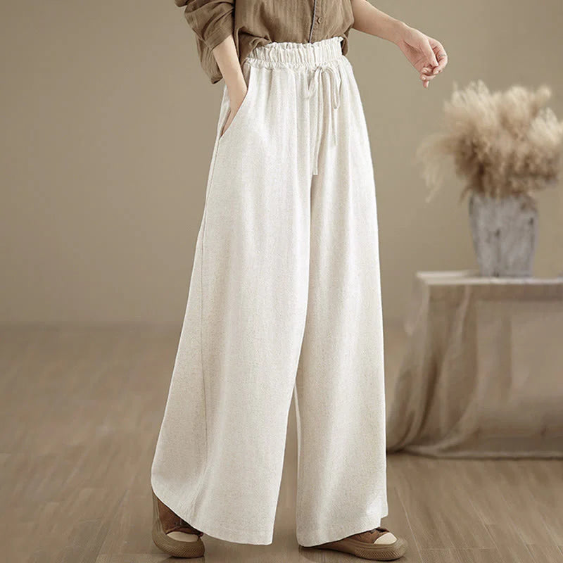 Buddha Stones Women's Pure Color Drawstring Cotton Linen Wide Leg Ankle-Length Pants With Pockets