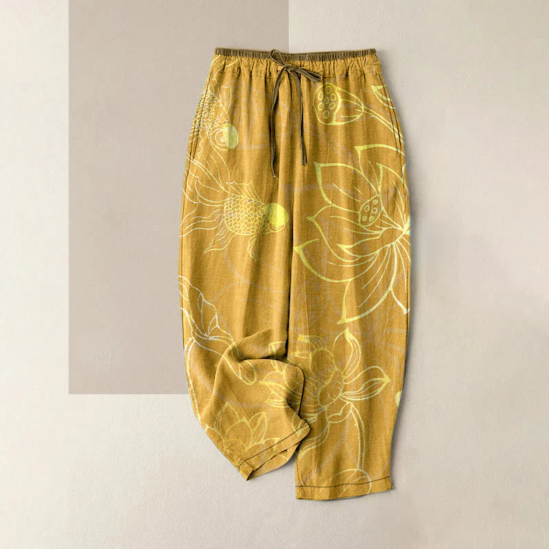 Buddha Stones Cotton Casual Lotus Leaf Koi Fish Pattern Women's Elastic Waist Pants With Pockets