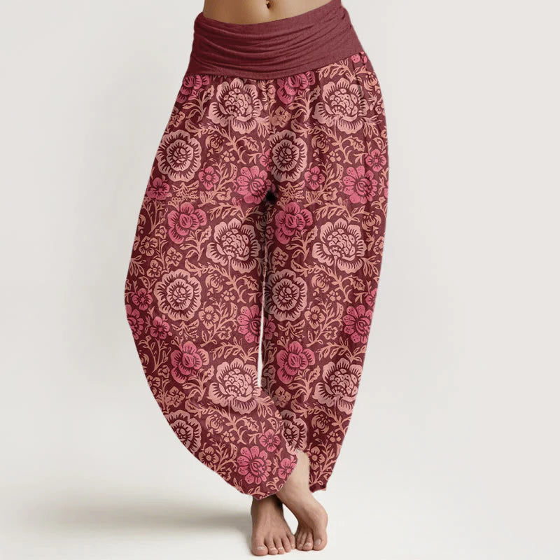 Buddha Stones Pure Cotton Vintage Pastoral Floral Pattern Women's Elastic Waist Harem Pants