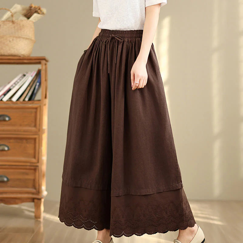 Buddha Stones Spring Embroidery Lace Hem Patchwork Drawstring Design Women's Wide Leg Cotton Pants With Pockets