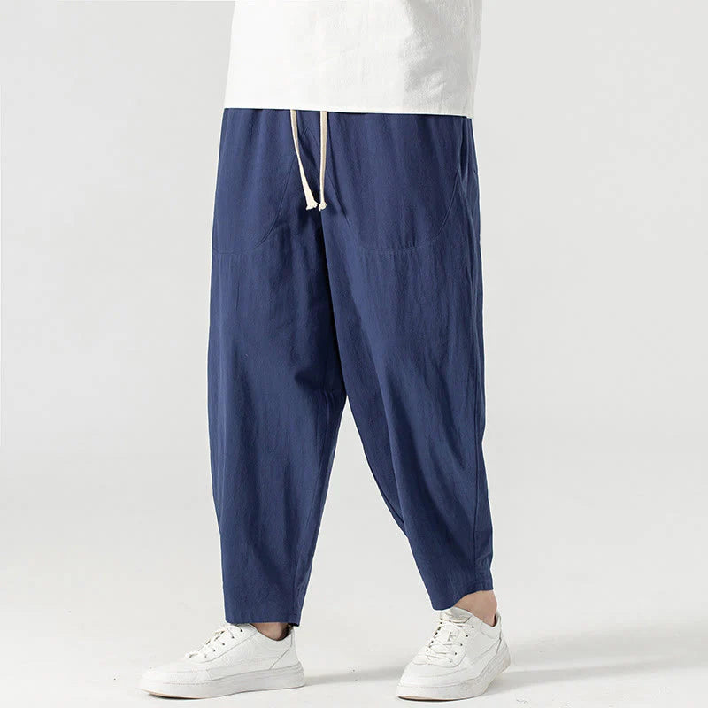 Buddha Stones Spring Fall Solid Color Drawstring Men's Ankle-Length Harem Pants With Pockets