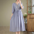 Buddha Stones Spring Floral Embroidery V Neck Tie Waist Elbow-Length Sleeve Women's Dress With Pockets
