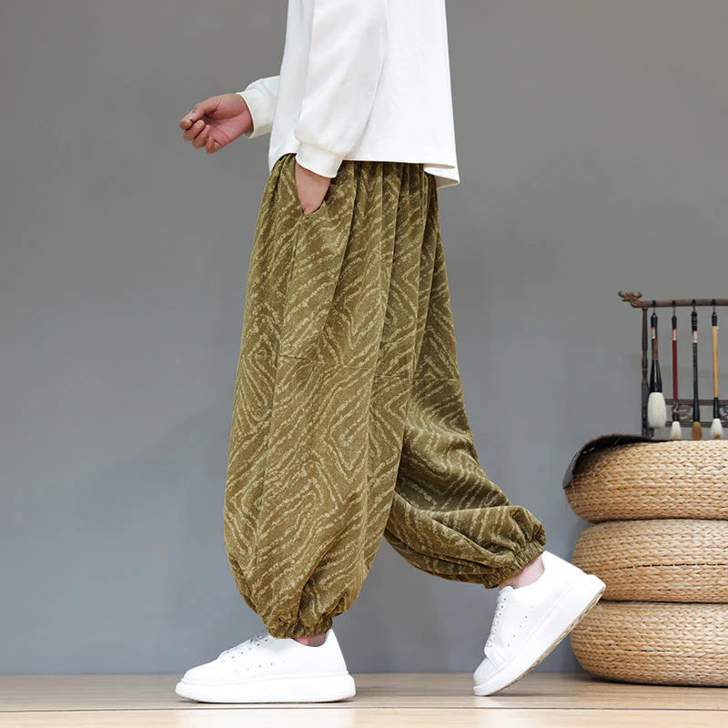Buddha Stones Fall Texture Drawstring Design Corduroy Cotton Linen Men's Harem Pants With Pockets