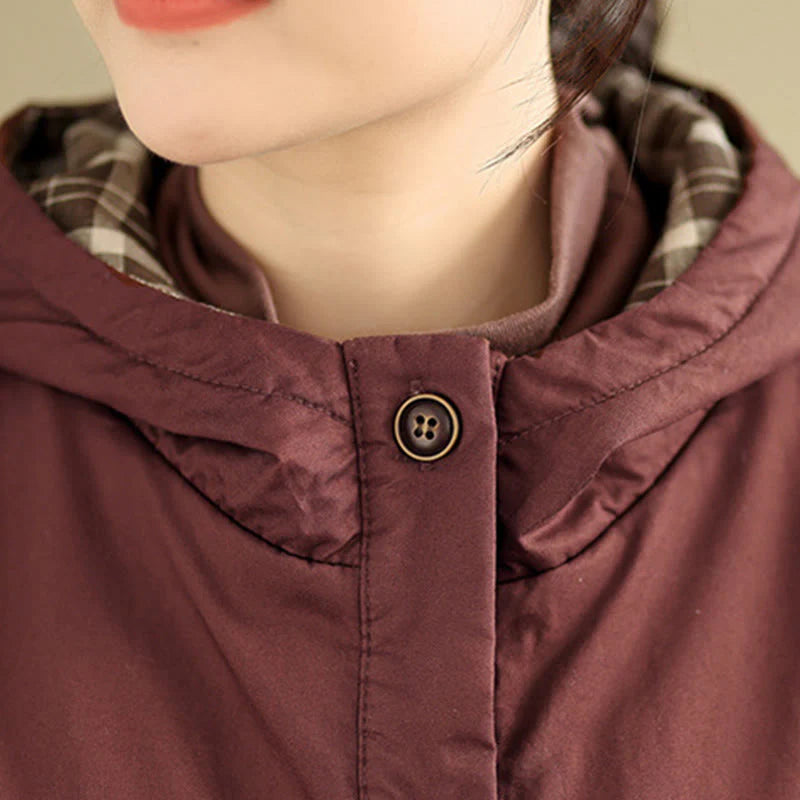 Buddha Stones Plaid Hoodie Pattern Women's Long Sleeve Cotton Thickened Jacket With Pockets