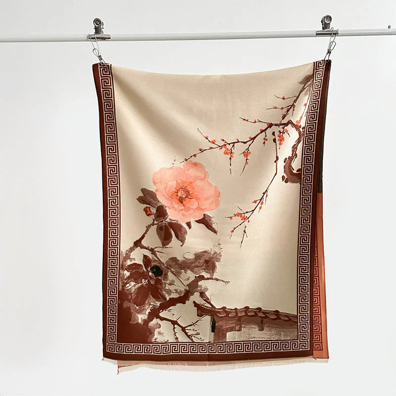 Buddha Stones Fall Plum Blossom Eaves Ink Painting Pattern Cozy Scarf Shawl