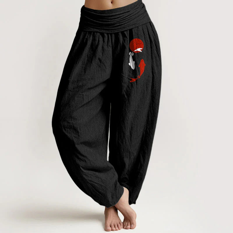 Buddha Stones Koi Fish Red Sun Pattern Pure Cotton Women's Elastic Waist Harem Pants