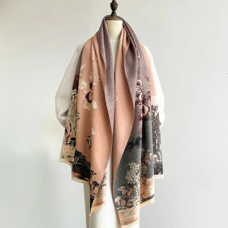 Buddha Stones Fall Flowers Trees Pavilion Pattern Cozy Scarf Shawl