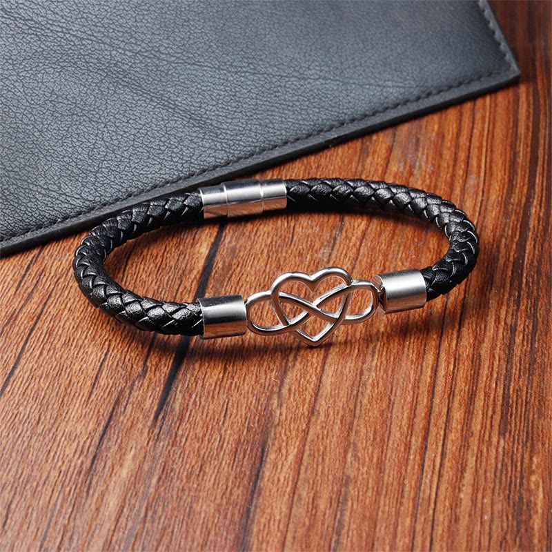 Buddha Stones Endless Knot Heart Leather Titanium Steel Strength Buckle Bracelet