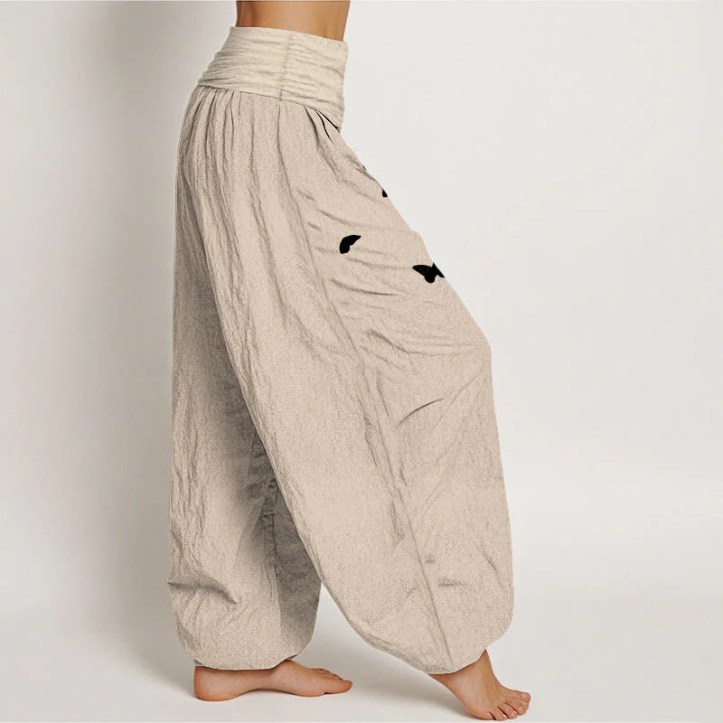Buddha Stones Pure Cotton Elegant Butterfly Dandelion Pattern Women's Elastic Waist Harem Pants