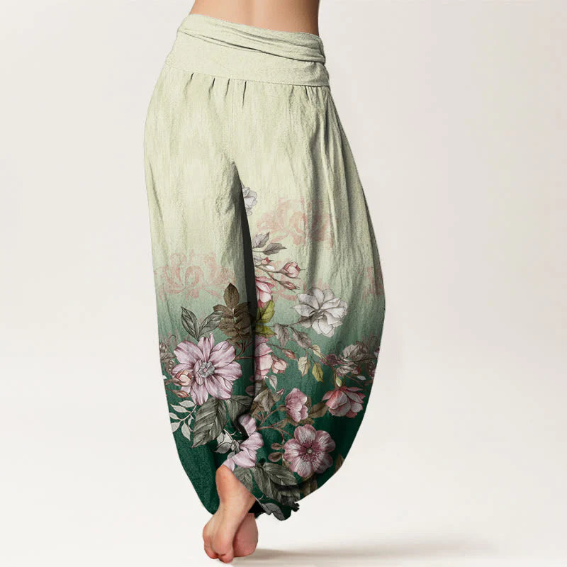Buddha Stones Cotton Casual Gradient Petals Leaves Pattern Women's Elastic Waist Harem Pants