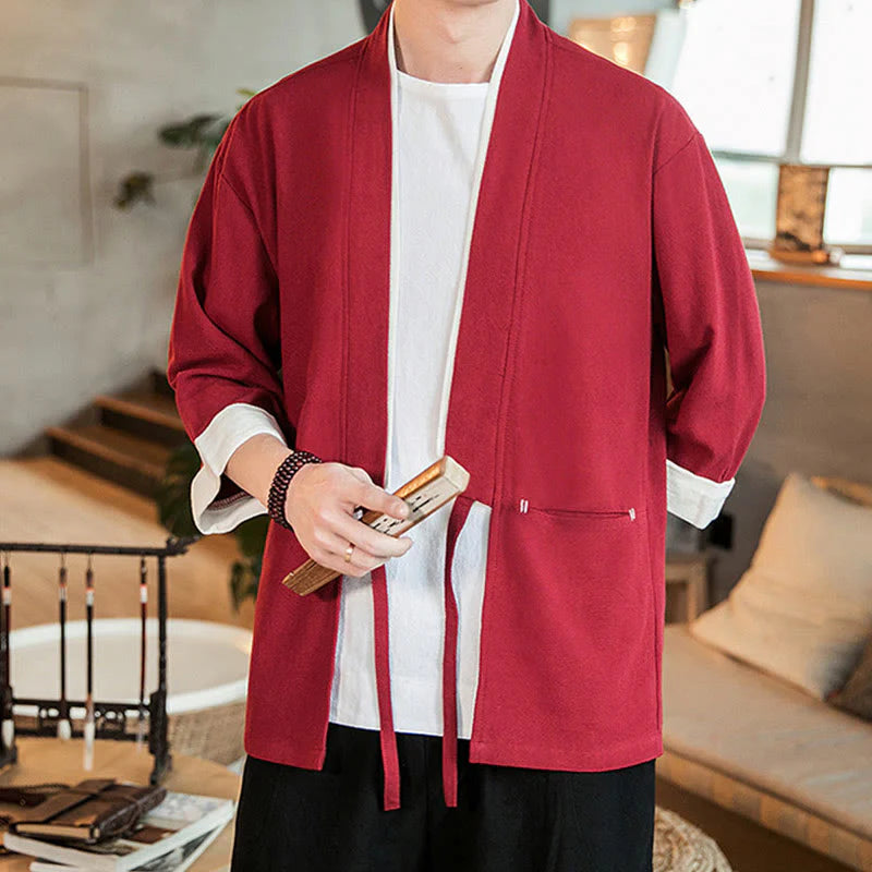 Buddha Stones Lace-Up Design Jacket Cotton Linen Men's Three Quarter Sleeve Kimono With Pockets