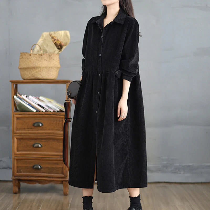 Buddha Stones Plain Buttons Long Sleeve Women's Cotton Corduroy Coat With Pockets