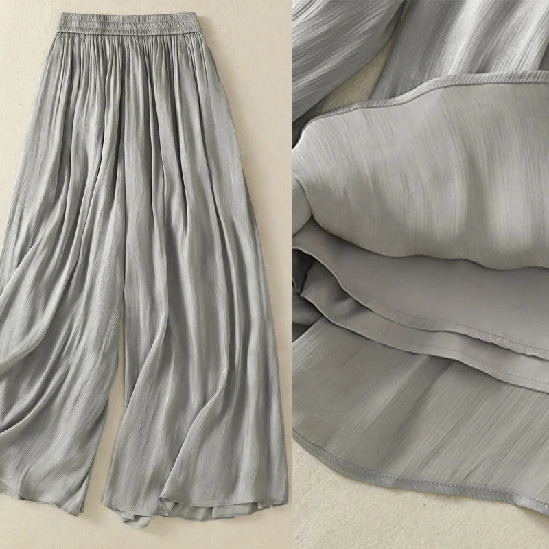 Buddha Stones Light Gray Pleated Design Elastic Waist Women's Wide Leg Pants With Pockets