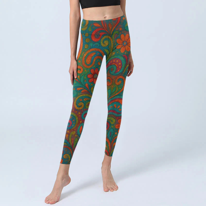 Buddha Stones Vibrant Swirling Florals Paisley Print Gym Leggings Women's Yoga Pants