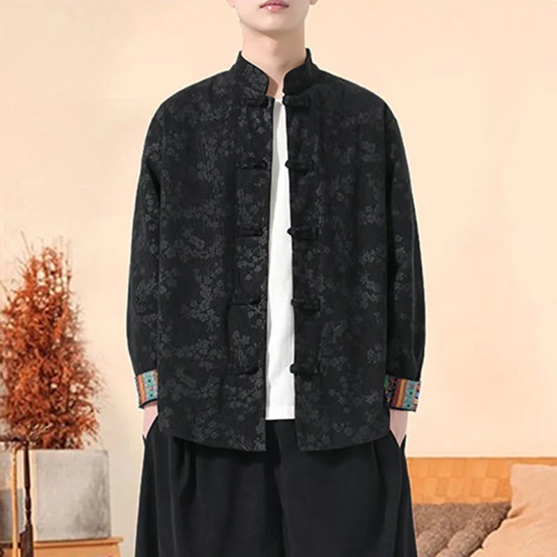 Buddha Stones Plain Plum Blossom Pattern Long Sleeve Men's Cotton Corduroy Tang Suit Jacket