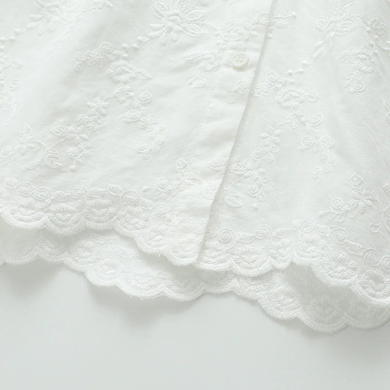 Buddha Stones Fall White Floral Embroidery Peter Pan Collar Buttons Women's Cotton Long Sleeve Shirt