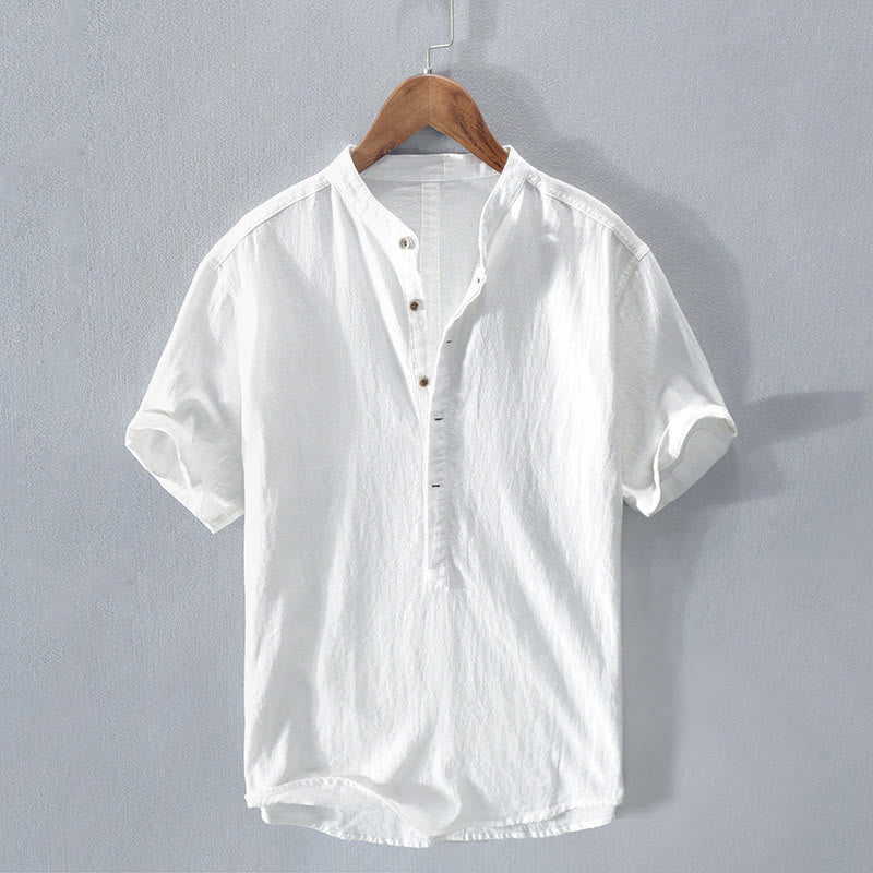 Buddha Stones Solid Color Short Sleeve Half Button Shirt Cotton Men Clothing