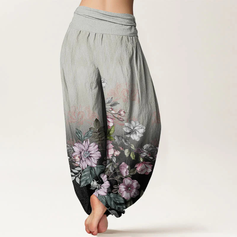 Buddha Stones Cotton Casual Gradient Petals Leaves Pattern Women's Elastic Waist Harem Pants