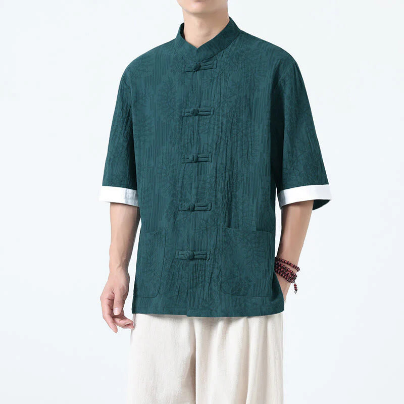 Buddha Stones Summer Flowers Grass Pattern Tang Suit Men's Frog-Button Half Sleeve Cotton Shirt With Pockets