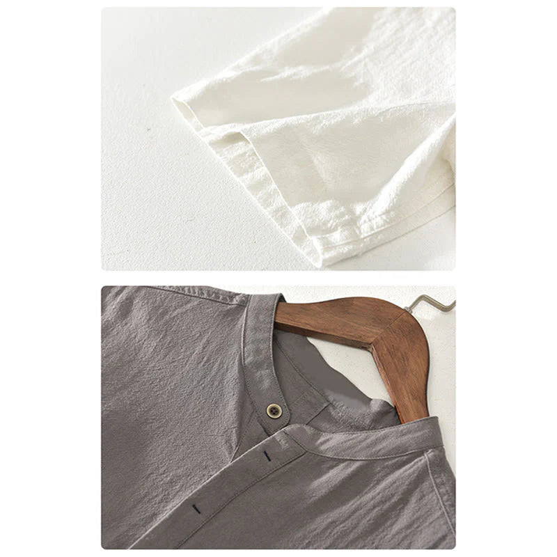Buddha Stones Solid Color Short Sleeve Half Button Shirt Cotton Men Clothing