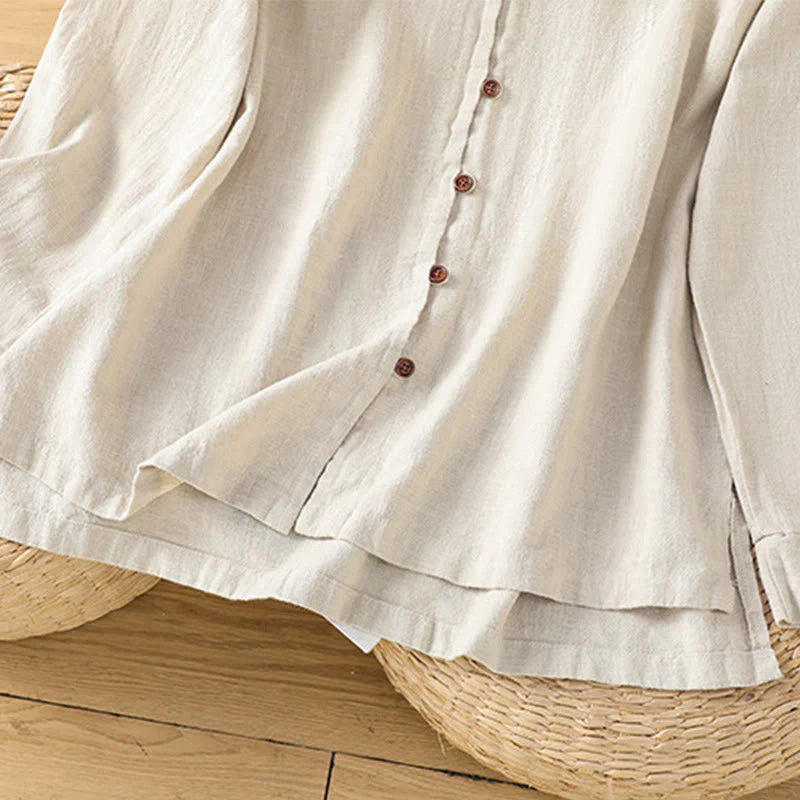 Buddha Stones Spring Solid Color Simple Hem Slit Design Cotton Linen Women's Shirt