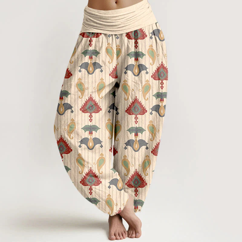 Buddha Stones Pure Cotton Triangle Flame Geometric Shapes Feather Women's Elastic Waist Harem Pants