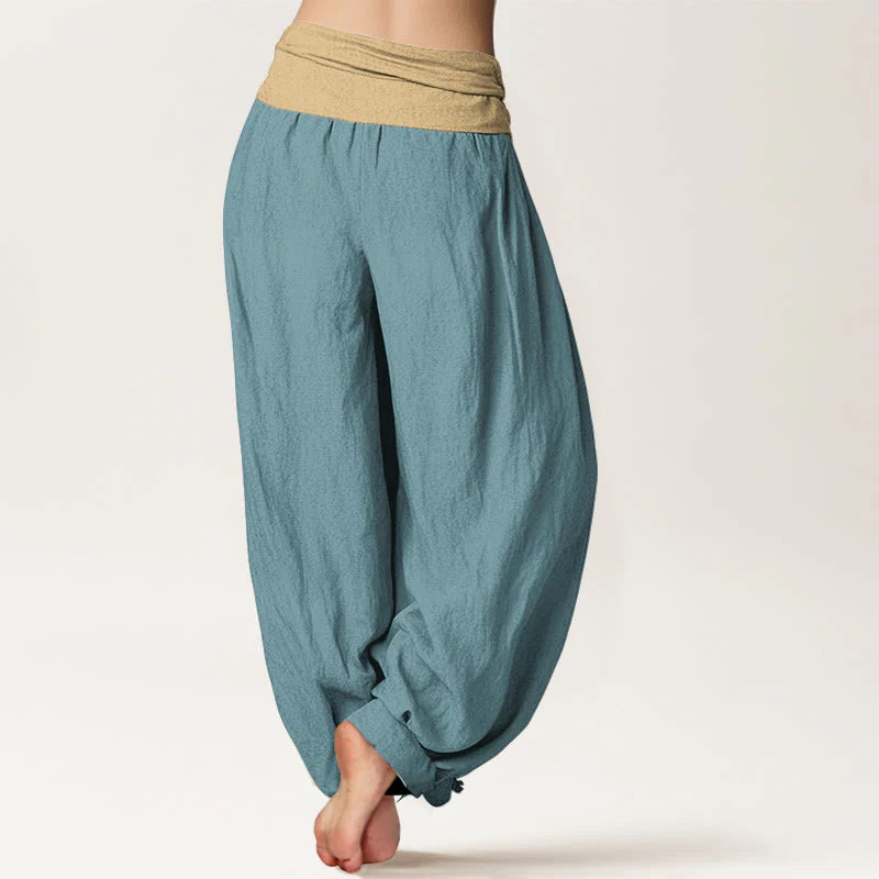 Buddha Stones Cotton Brown Blue Black Solid Color Women's Elastic Waist Harem Pants