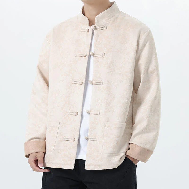 Buddha Stones Fall Jacquard Bamboo Frog-button Long Sleeve Men's Cotton Jacket With Pockets