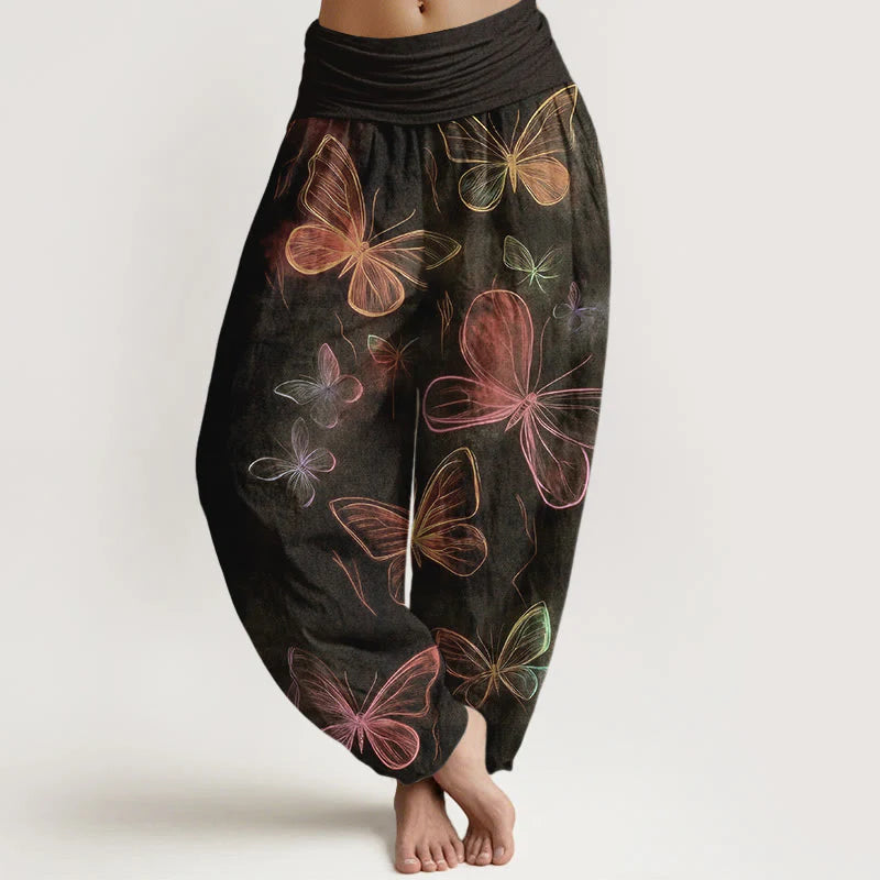 Buddha Stones Cotton Dreamlike Butterfly Pattern Women's Elastic Waist Harem Pants