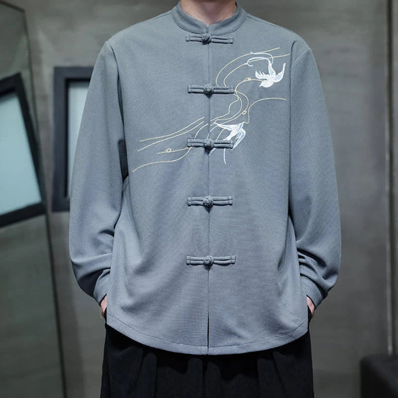 Buddha Stones Frog-Button Swallow Embroidery Stand Collar Long Sleeve Tang Suit Men's Shirt